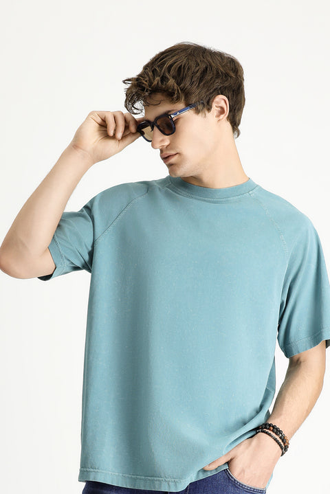 Koyu Yeşil Bisiklet Yaka Oversize Baskılı Pamuk Tişört