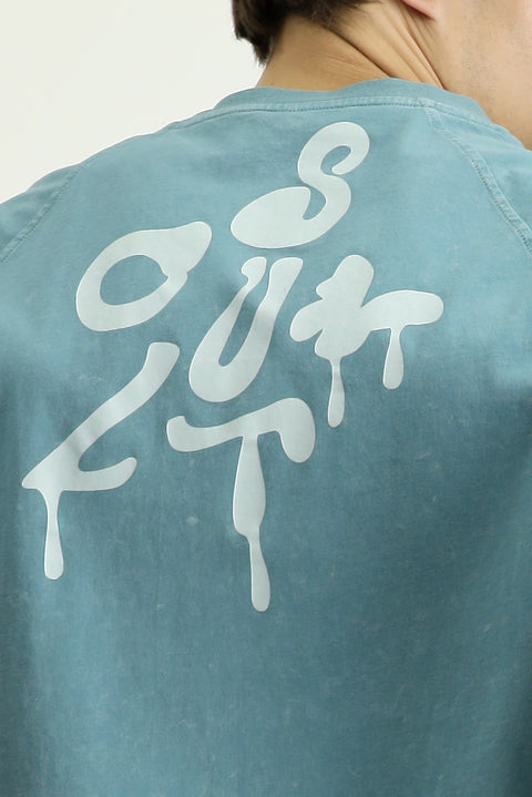 Koyu Yeşil Bisiklet Yaka Oversize Baskılı Pamuk Tişört