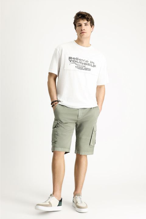 Beyaz Bisiklet Yaka Oversize Baskılı Pamuk Tişört