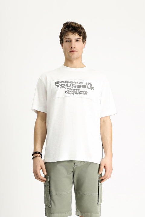 Beyaz Bisiklet Yaka Oversize Baskılı Pamuk Tişört