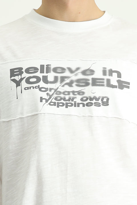 Beyaz Bisiklet Yaka Oversize Baskılı Pamuk Tişört