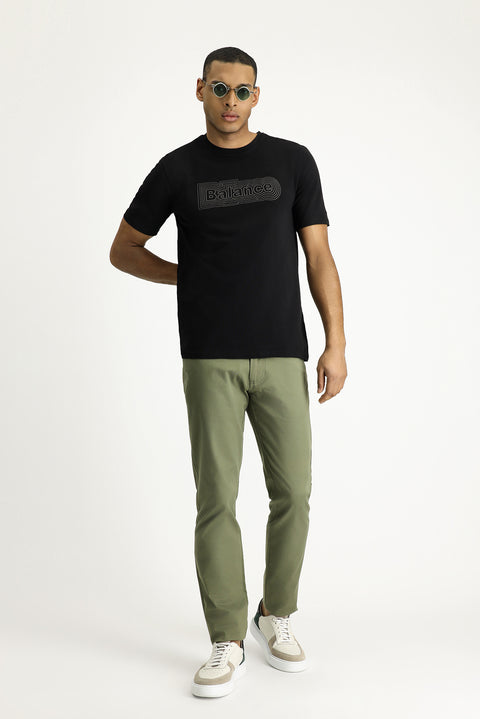 Siyah Bisiklet Yaka Regular Fit Baskılı Pamuklu Tişört