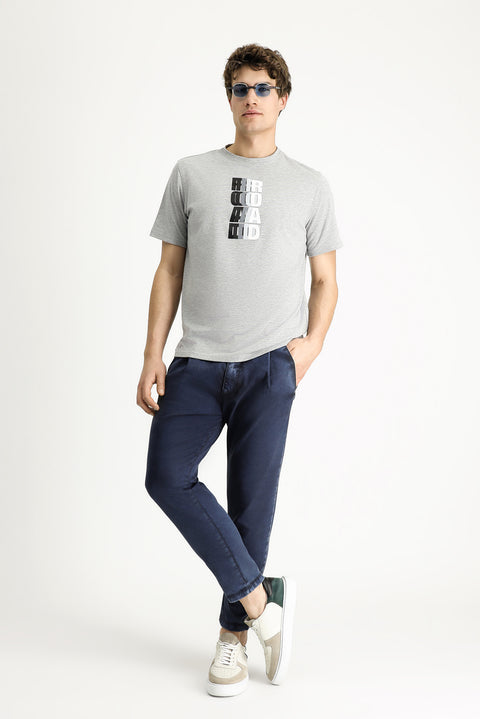 Orta Gri Bisiklet Yaka Regular Fit Baskılı Pamuklu Tişört