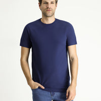 Orta Lacivert Bisiklet Yaka Slim Fit Dar Kesim Keten Karışımlı Tişört