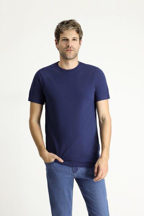 Orta Lacivert Bisiklet Yaka Slim Fit Dar Kesim Keten Karışımlı Tişört