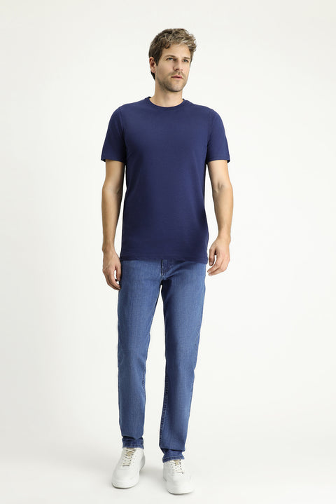 Orta Lacivert Bisiklet Yaka Slim Fit Dar Kesim Keten Karışımlı Tişört