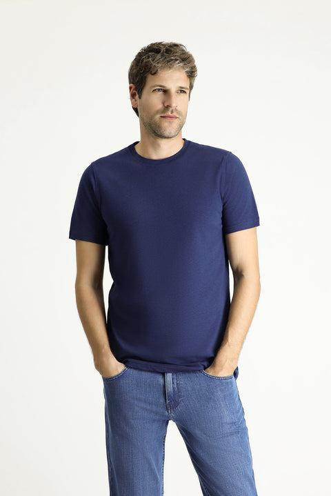 Orta Lacivert Bisiklet Yaka Slim Fit Dar Kesim Keten Karışımlı Tişört