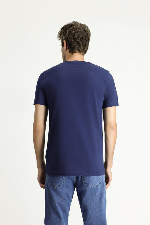 Orta Lacivert Bisiklet Yaka Slim Fit Dar Kesim Keten Karışımlı Tişört