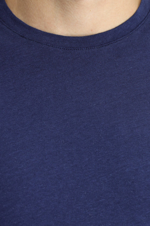Orta Lacivert Bisiklet Yaka Slim Fit Dar Kesim Keten Karışımlı Tişört