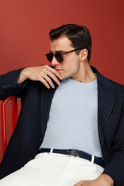 Bulut Mavi Bisiklet Yaka Slim Fit Dar Kesim Keten Karışımlı Tişört