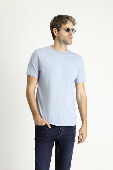 Bulut Mavi Bisiklet Yaka Slim Fit Dar Kesim Keten Karışımlı Tişört