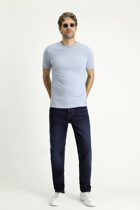 Bulut Mavi Bisiklet Yaka Slim Fit Dar Kesim Keten Karışımlı Tişört