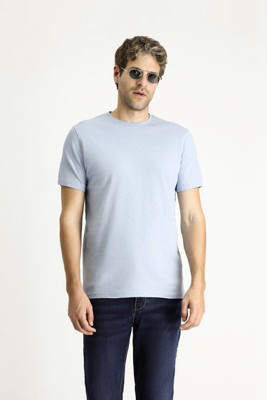 Bulut Mavi Bisiklet Yaka Slim Fit Dar Kesim Keten Karışımlı Tişört