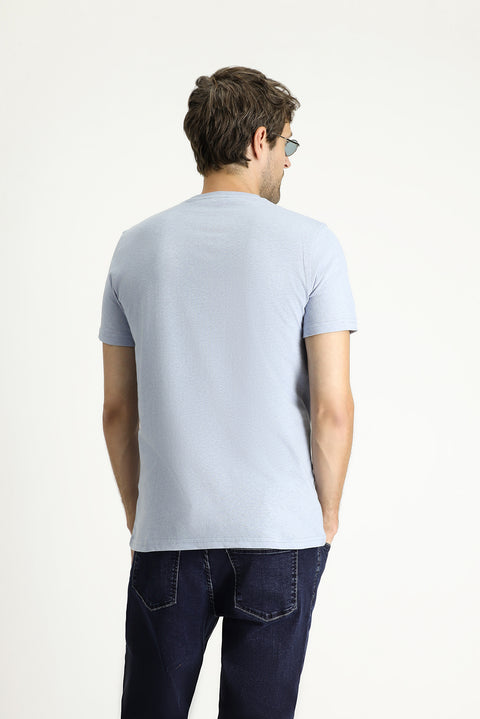 Bulut Mavi Bisiklet Yaka Slim Fit Dar Kesim Keten Karışımlı Tişört