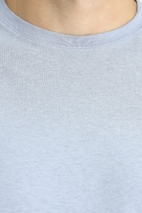 Bulut Mavi Bisiklet Yaka Slim Fit Dar Kesim Keten Karışımlı Tişört