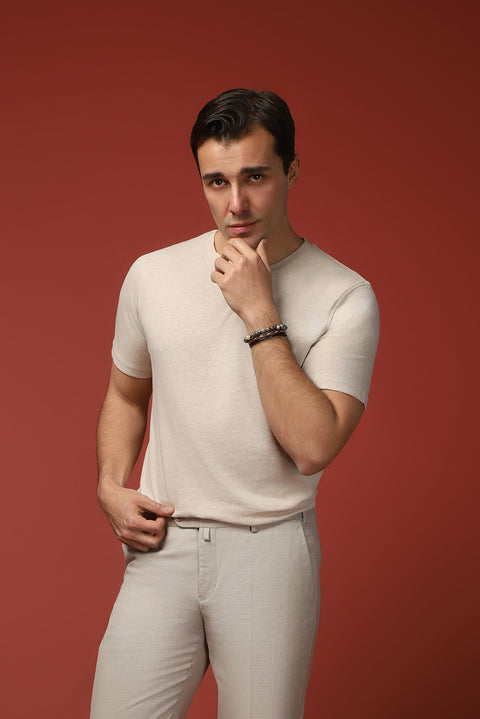 Orta Bej Bisiklet Yaka Slim Fit Dar Kesim Keten Karışımlı Tişört