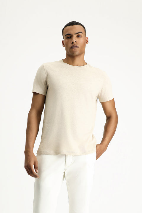 Orta Bej Bisiklet Yaka Slim Fit Dar Kesim Keten Karışımlı Tişört