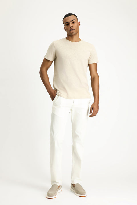 Orta Bej Bisiklet Yaka Slim Fit Dar Kesim Keten Karışımlı Tişört