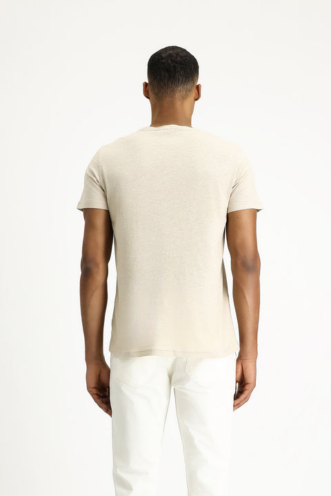 Orta Bej Bisiklet Yaka Slim Fit Dar Kesim Keten Karışımlı Tişört