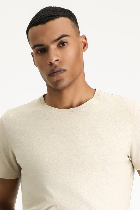 Orta Bej Bisiklet Yaka Slim Fit Dar Kesim Keten Karışımlı Tişört