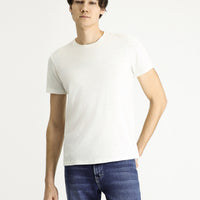 Beyaz Bisiklet Yaka Slim Fit Dar Kesim Keten Karışımlı Tişört