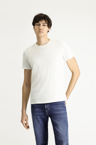  Beyaz Bisiklet Yaka Slim Fit Dar Kesim Keten Karışımlı Tişört