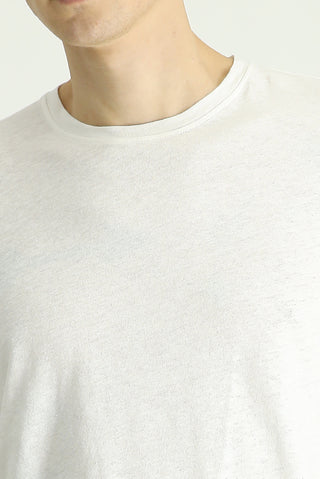  Beyaz Bisiklet Yaka Slim Fit Dar Kesim Keten Karışımlı Tişört