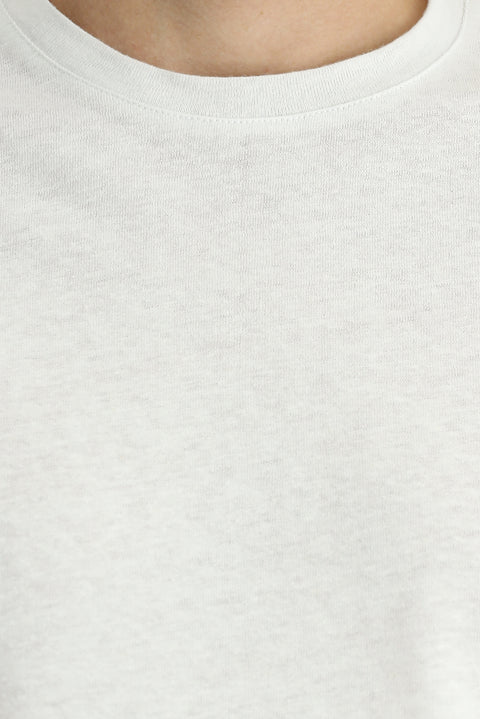 Beyaz Bisiklet Yaka Slim Fit Dar Kesim Keten Karışımlı Tişört