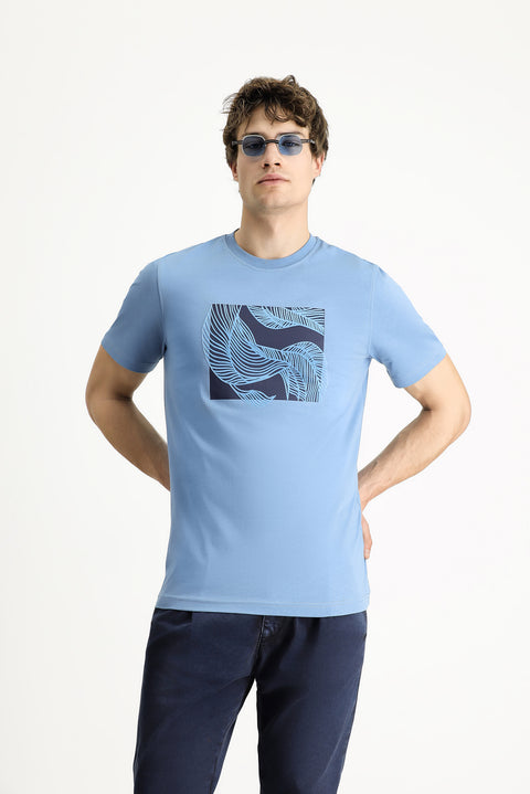 Havacı Mavi Bisiklet Yaka Slim Fit Dar Kesim Baskılı Pamuk Tişört