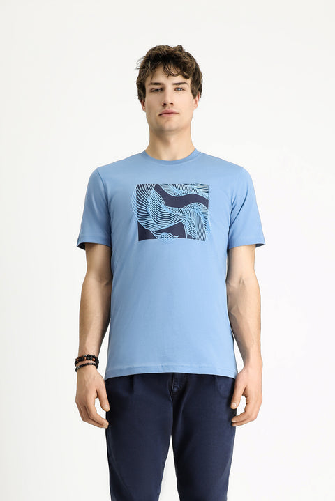Havacı Mavi Bisiklet Yaka Slim Fit Dar Kesim Baskılı Pamuk Tişört
