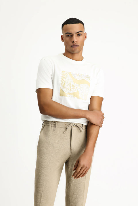 Ekru Bisiklet Yaka Slim Fit Dar Kesim Baskılı Pamuk Tişört