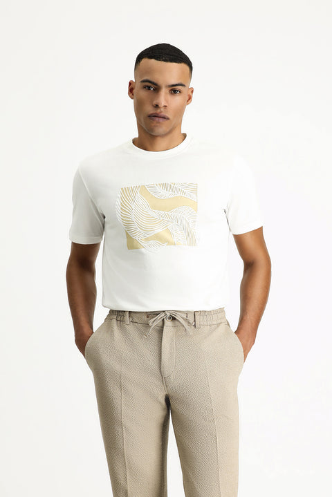 Ekru Bisiklet Yaka Slim Fit Dar Kesim Baskılı Pamuk Tişört