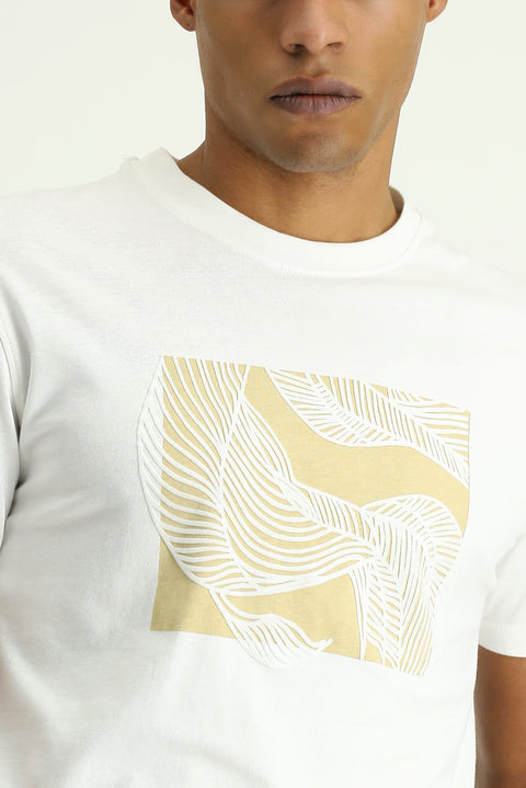 Ekru Bisiklet Yaka Slim Fit Dar Kesim Baskılı Pamuk Tişört