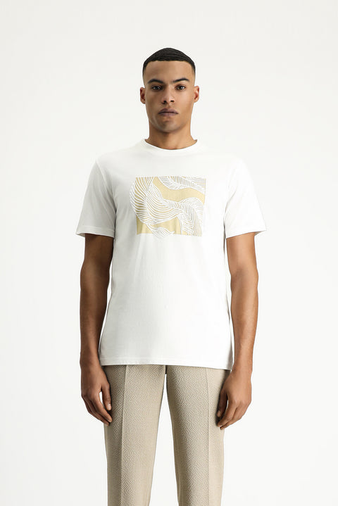 Ekru Bisiklet Yaka Slim Fit Dar Kesim Baskılı Pamuk Tişört