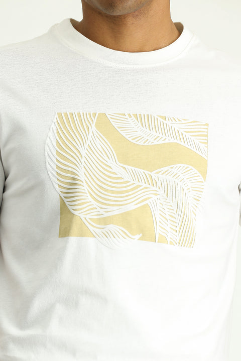 Ekru Bisiklet Yaka Slim Fit Dar Kesim Baskılı Pamuk Tişört