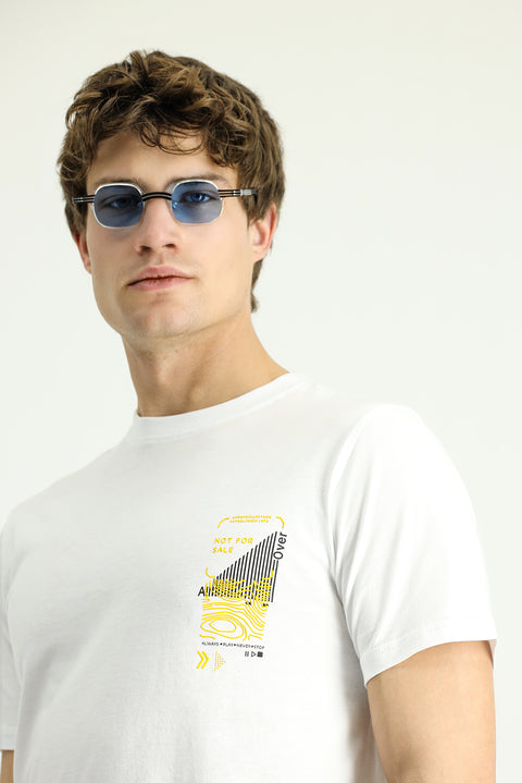 Beyaz Bisiklet Yaka Slim Fit Dar Kesim Baskılı Pamuk Tişört