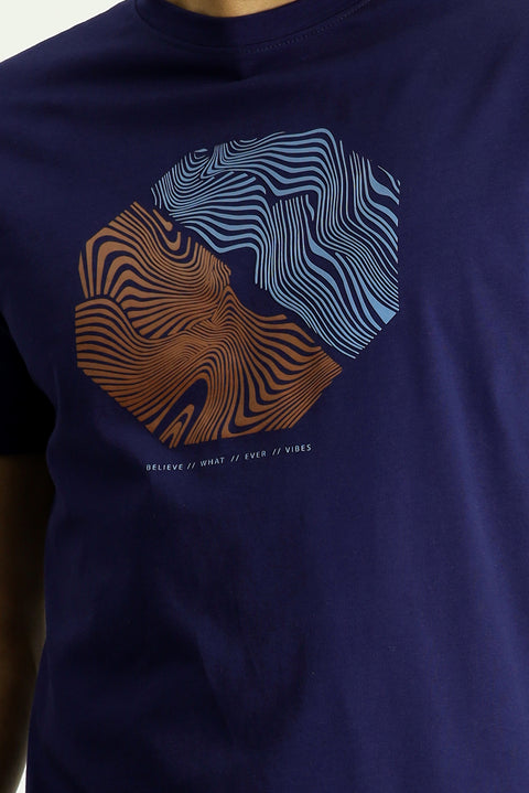 Medium Navy Crew Neck Slim Fit Printed Cotton T-shirt