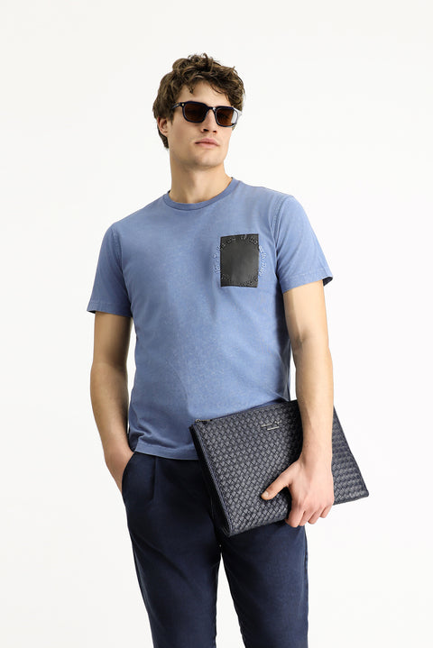 İndigo Bisiklet Yaka Slim Fit Dar Kesim Desenli Pamuk Tişört