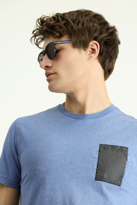 İndigo Bisiklet Yaka Slim Fit Dar Kesim Desenli Pamuk Tişört