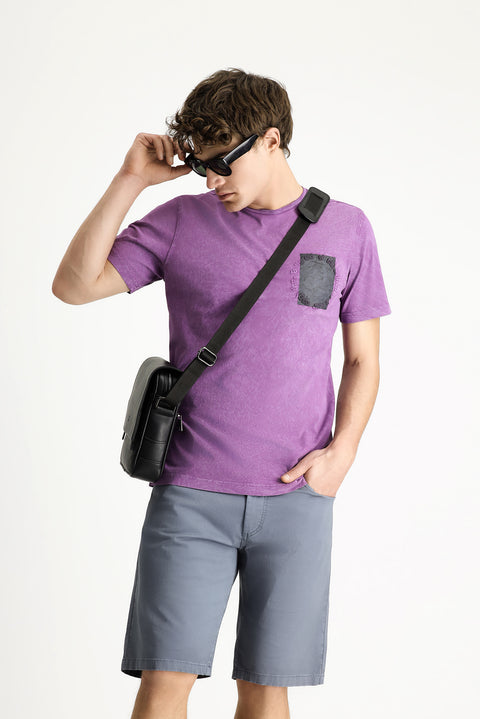 Açık Mor Bisiklet Yaka Slim Fit Dar Kesim Desenli Pamuk Tişört