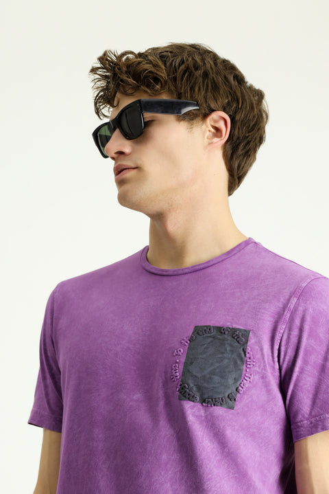 Açık Mor Bisiklet Yaka Slim Fit Dar Kesim Desenli Pamuk Tişört