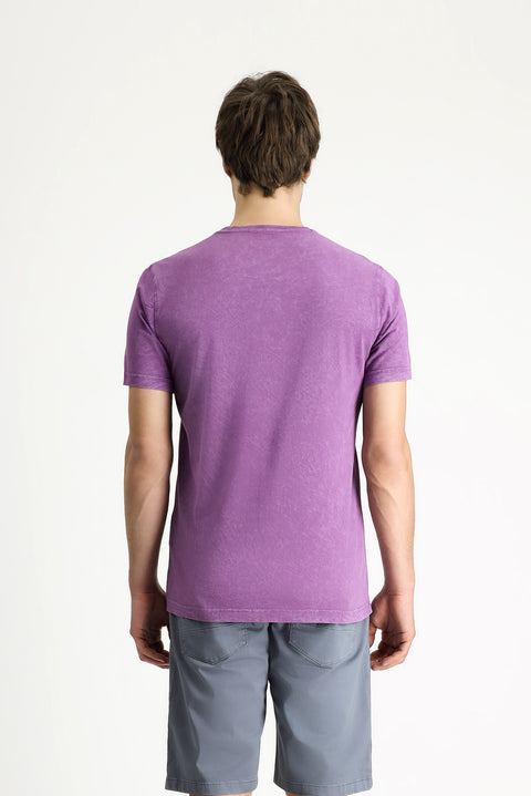 Açık Mor Bisiklet Yaka Slim Fit Dar Kesim Desenli Pamuk Tişört