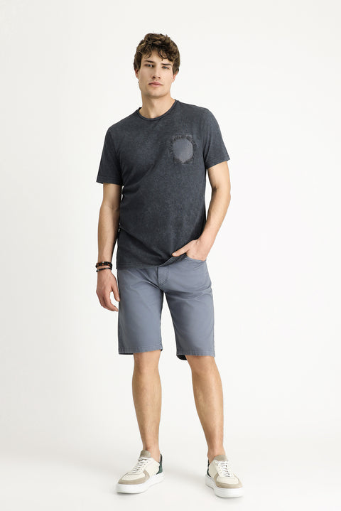 Koyu Antrasit Bisiklet Yaka Slim Fit Dar Kesim Desenli Pamuk Tişört