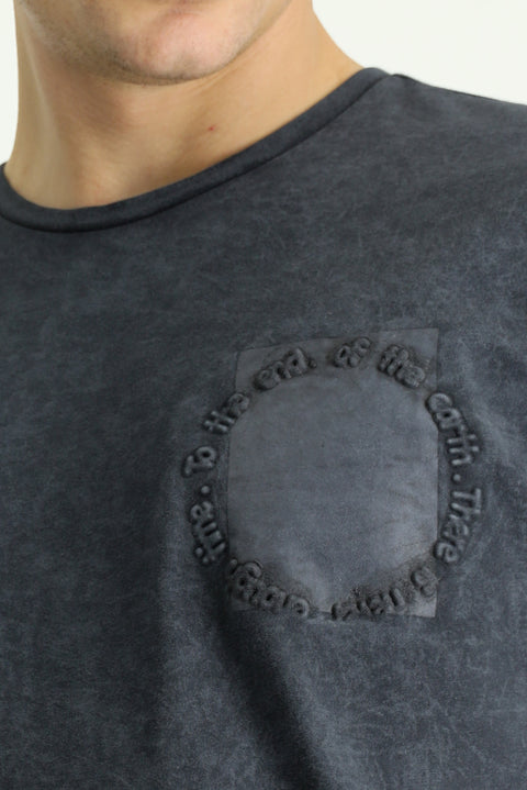 Koyu Antrasit Bisiklet Yaka Slim Fit Dar Kesim Desenli Pamuk Tişört