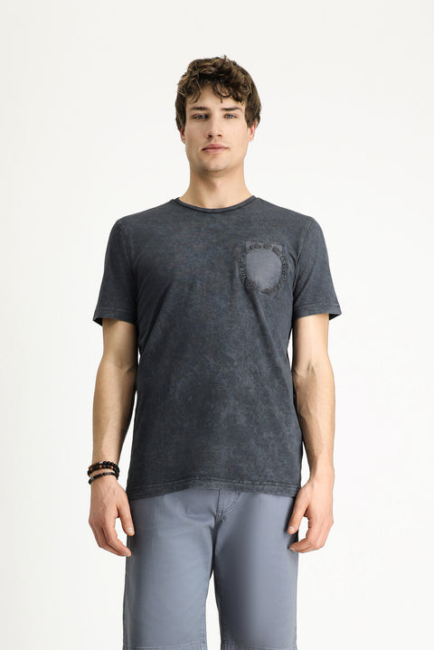 Koyu Antrasit Bisiklet Yaka Slim Fit Dar Kesim Desenli Pamuk Tişört