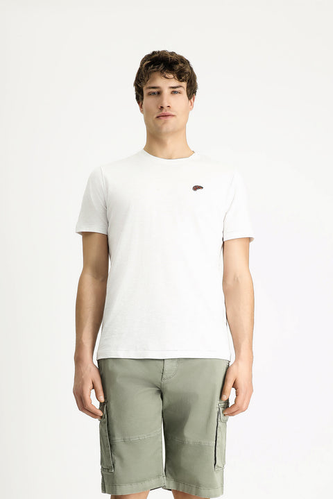 Beyaz Bisiklet Yaka Slim Fit Dar Kesim Baskılı Süprem Pamuk Tişört