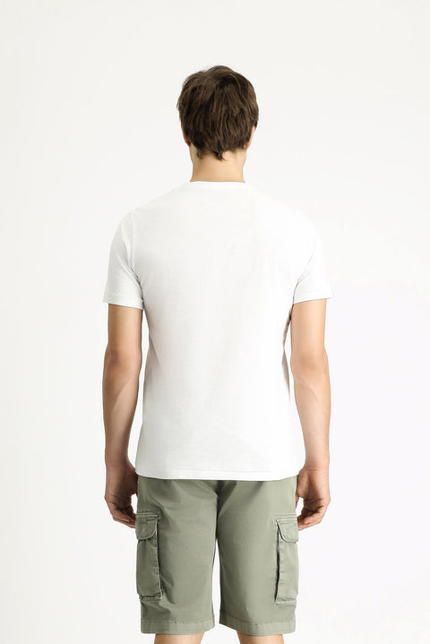 Beyaz Bisiklet Yaka Slim Fit Dar Kesim Baskılı Süprem Pamuk Tişört