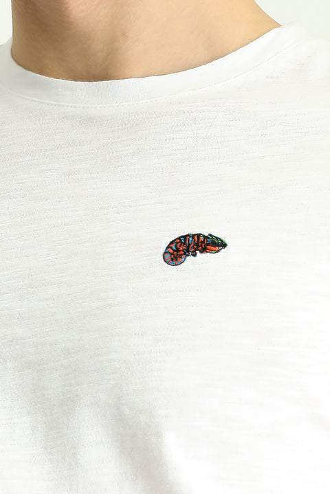 Beyaz Bisiklet Yaka Slim Fit Dar Kesim Baskılı Süprem Pamuk Tişört