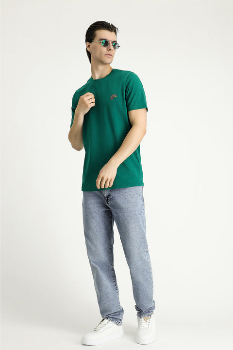 Koyu Yeşil Bisiklet Yaka Slim Fit Dar Kesim Baskılı Süprem Pamuk Tişört