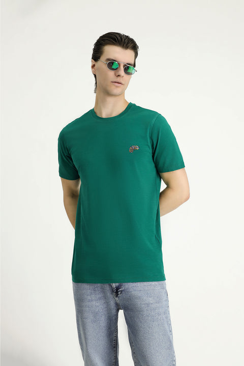 Koyu Yeşil Bisiklet Yaka Slim Fit Dar Kesim Baskılı Süprem Pamuk Tişört